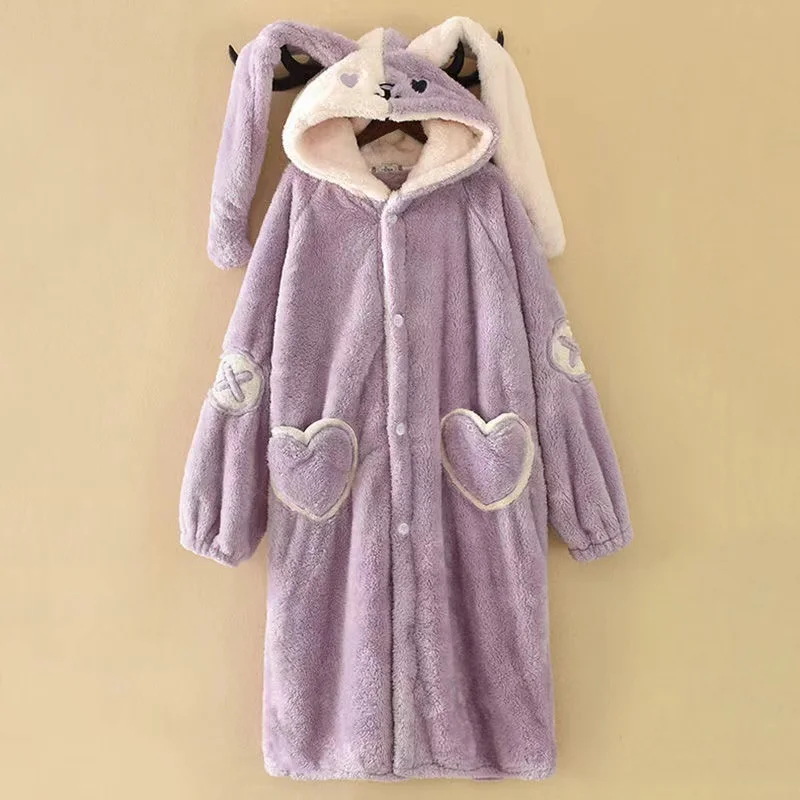 Women Winter Nightgown Thick Coral Velvet Sweet Rabbit Ears Hooded Homewear Flannel Female Warm Home Service Bathrobe
