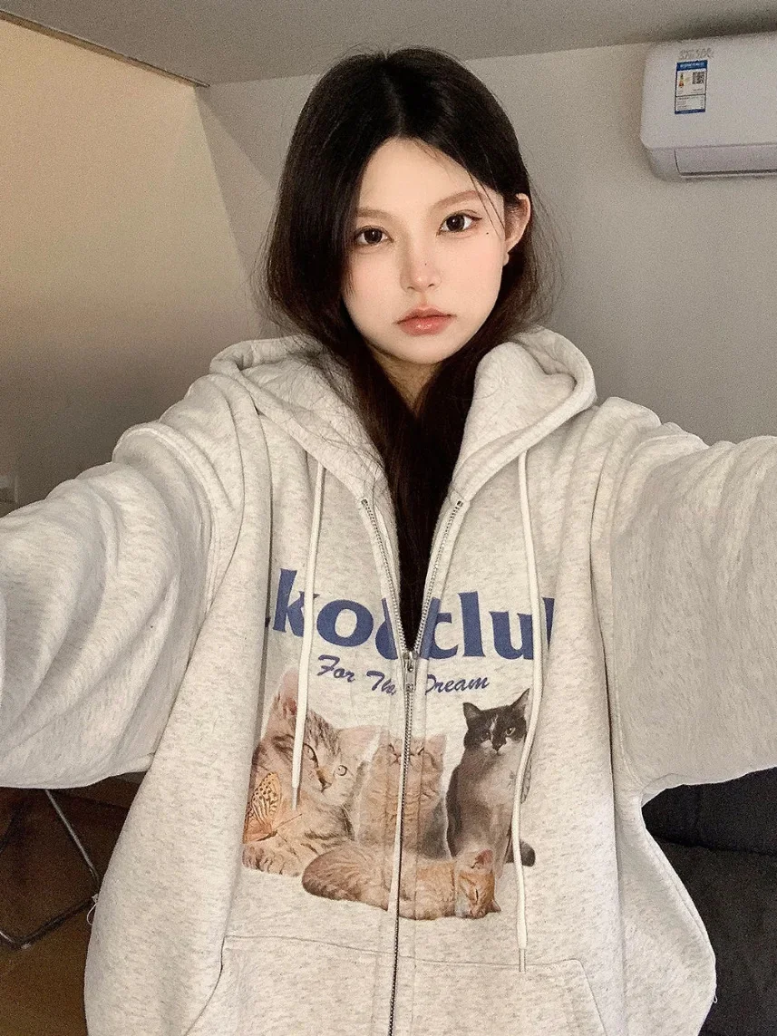 

Свитшот женский с капюшоном, на молнии, с принтом кошки