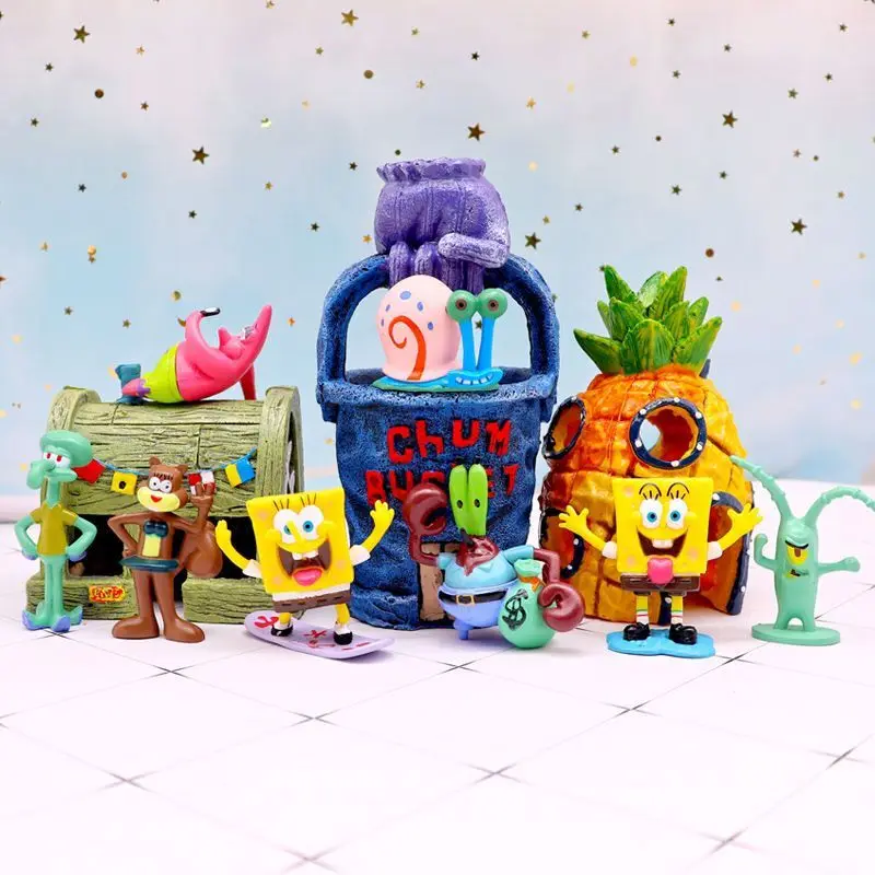 

Kawaii Aquarium Fish Tank Ornaments Cartoon Sponge Octopus Krusty Krab Squidward Toy Pineapple House Shelter Aquarium Decoration
