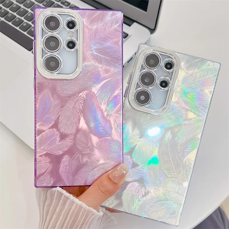 Чехол для телефона с перьями Samsung Galaxy S24 FE Plus S23 Ultra A55 A54 A15 A25 A35 жесткий защитный