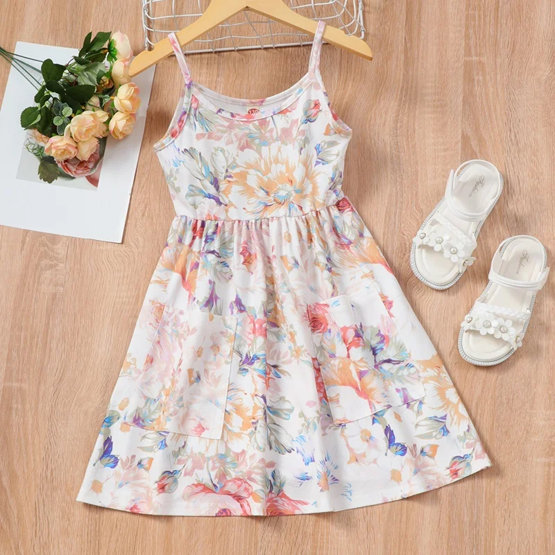 

2022 Детская летняя одежда, платья с цветами для девочек, хлопковое платье на бретельках для девочек, Повседневная Удобная домашняя детская о...