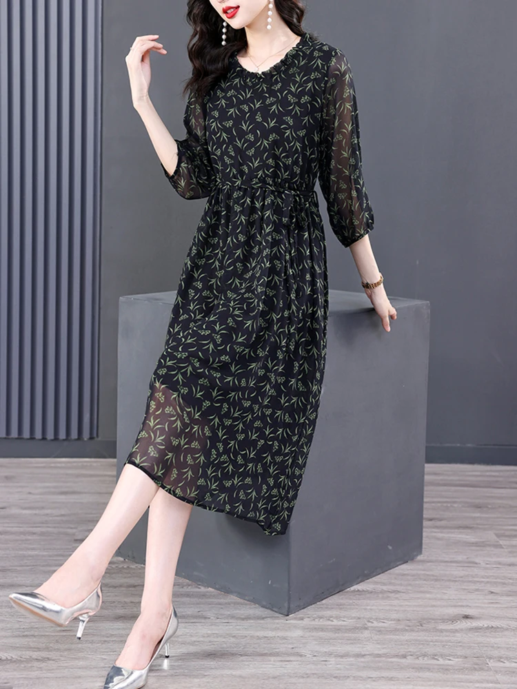 

Women Floral Midi Elegant Vintage Boho Dress O-Neck Mulberry Silk Autumn Korean Fashion Tunieken Casual Evening Party Dress
