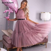 pink halter sleeveless tea length evening dresses tulle pleats backless cocktail homecoming a line prom gowns for women 2022