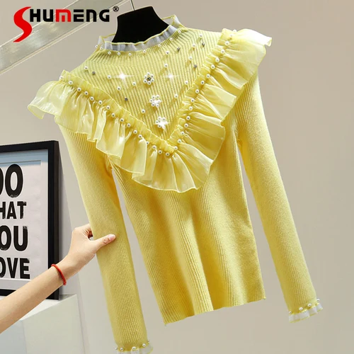 

Beads Rhinestones Ruffled Long Sleeves Outerwear Bottoming Knitwear UnderShirt Sweater Women Autumn Winter Korean Style Slimming