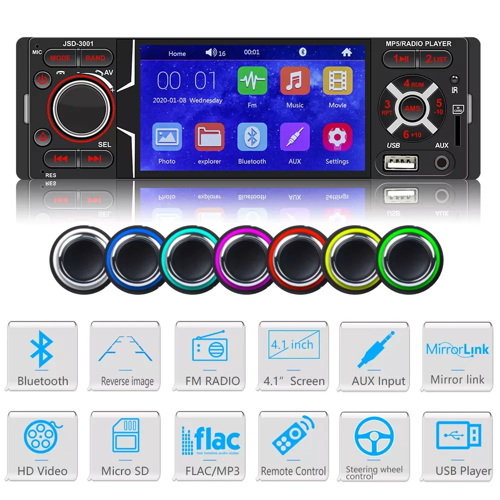 

NEW2023 JSD-3001 Head Unit 1DIN Bluetooth Radio with 4.1 inch Touch Screen + AUX Cable