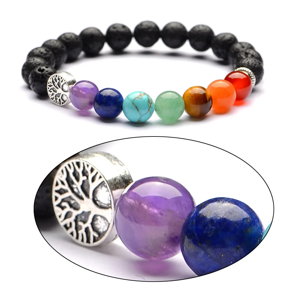 

10pcs Tree Of life 8mm 7 Chakras Black Lava Stone Beads DIY Essential Oil Perfume Diffuser Bracelet Stretch Yoga Jewelry