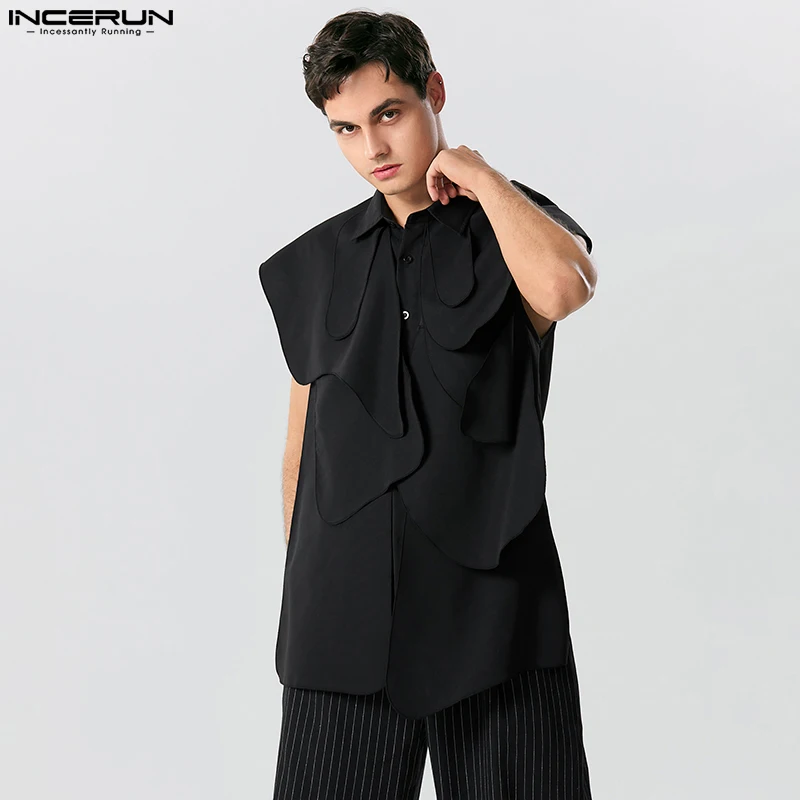 

2023 Men Irregular Shirt Solid Color Lapel Sleeveless Petal Casual Shirts Streetwear Summer Fashion Men Clothing S-5XL INCERUN
