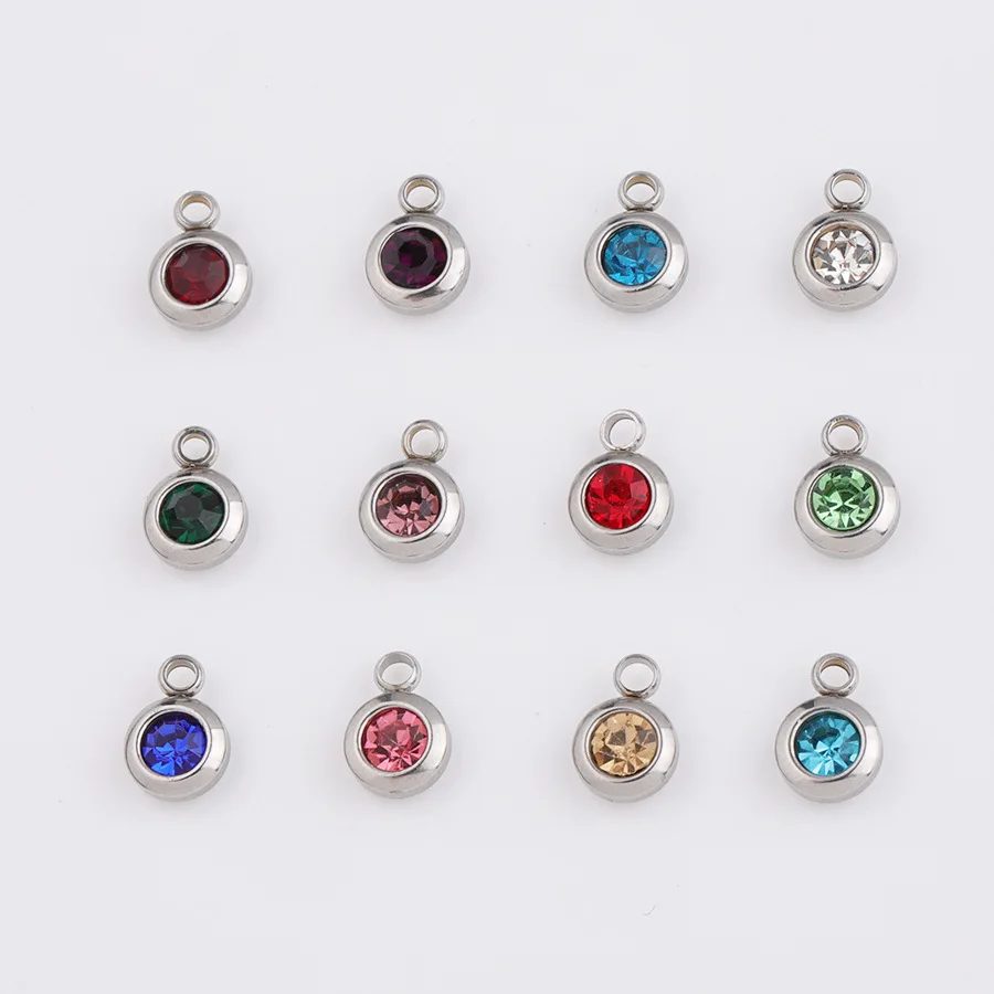 

60Pcs/Lot 6.5mm Round Stainless Steel Birthstone Charms Rhinestones Month Birthstone Charms For DIY Jewelry Making Necklace