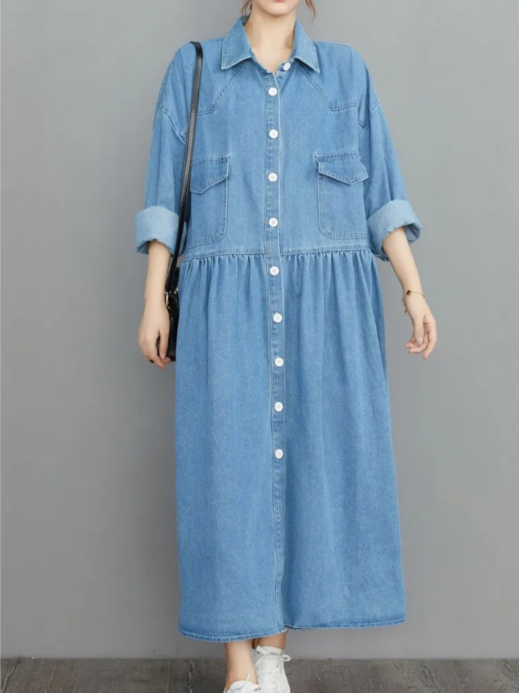 Джинсовое осеннее длинное платье-рубашка большого размера женское