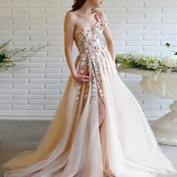one shoulder champagne flower princess dress sweetheart tulle a line floor length witj high slit prom dresses party gowns