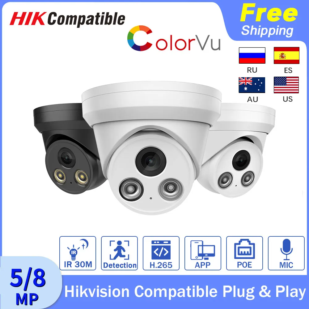

Hikvision совместимая с 8MP 5MP 4K HD IP-камера POE ColorVu Black IR Встроенный микрофон Защита видеонаблюдения для дома