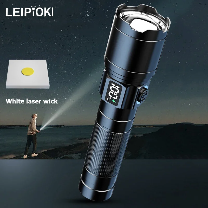 Высокомощный Usb Перезаряжаемый фонарик с белым лазерным фитилем 2000 лм и цифровым