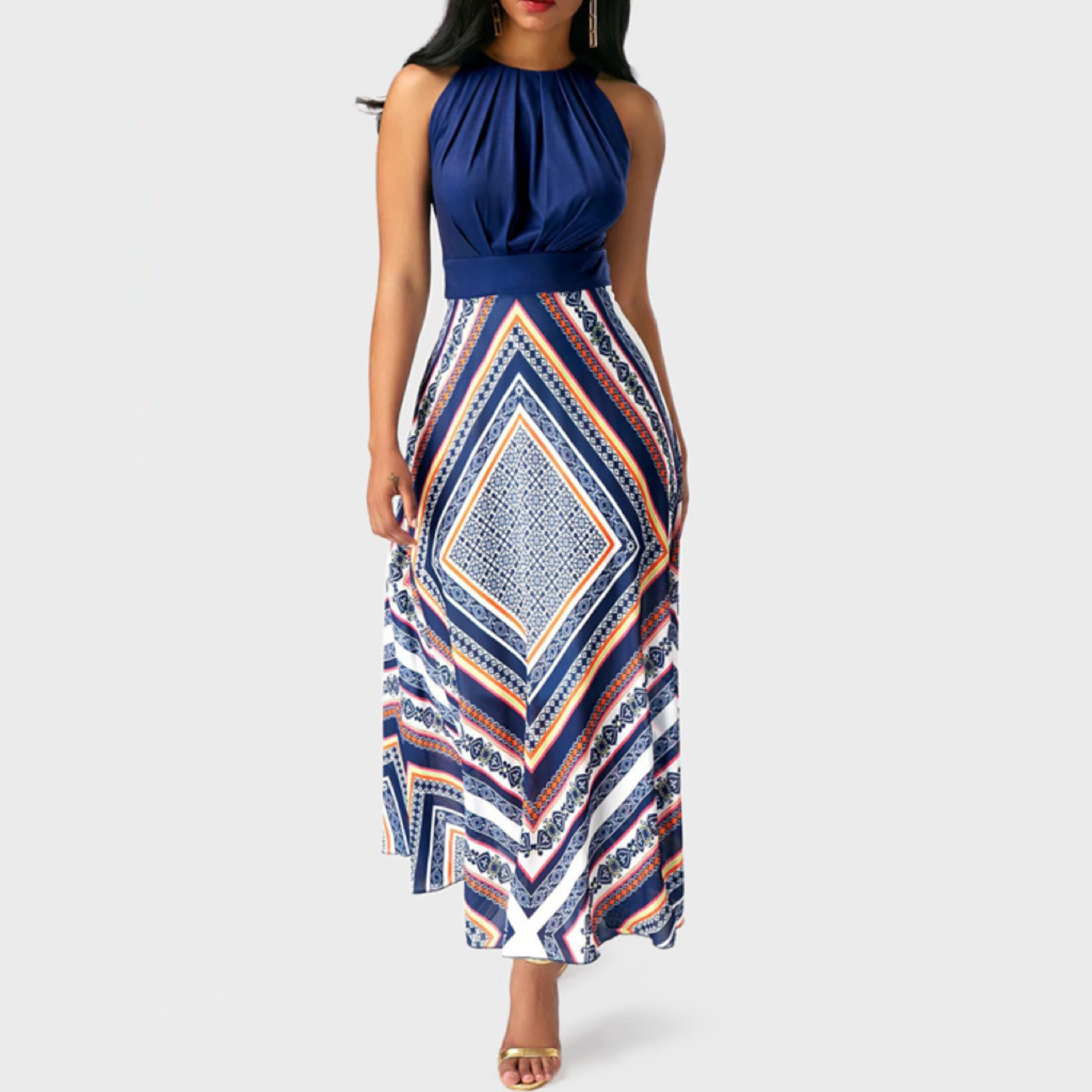 

2022 European and American Spring Women's Wear Temperament Commuting Round Collar Print Stitching Sleeveless Dress