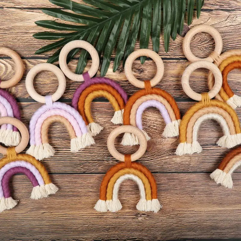 

Rainbow Teething Toys Safe Organic Wooden Ring Baby Wood Teether Nursing Toys A2UB