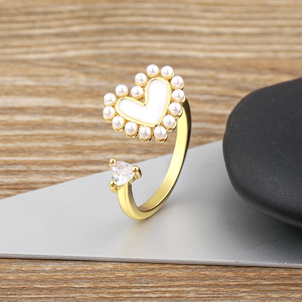 

Nidin Fashion Heart Shape Zircon Inlaid Pearl Opening Adjustable Rings Jewelry For Women Wedding Party Luxury Accessories Gift