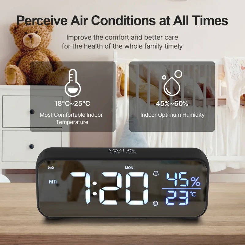 

2022 Smart Voice Contrl Alarm Clock Table Watch Temperature Humidity Display Brightness Sound Adjustable 18 Music Wake-Up Snooze