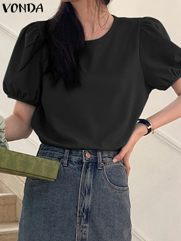 

VONDA Stylish Oversize Summer Chemise Women Short Sleeve O-Neck Blouse Shirts Female Casual Solid Pleated Tops Blusas Femininas