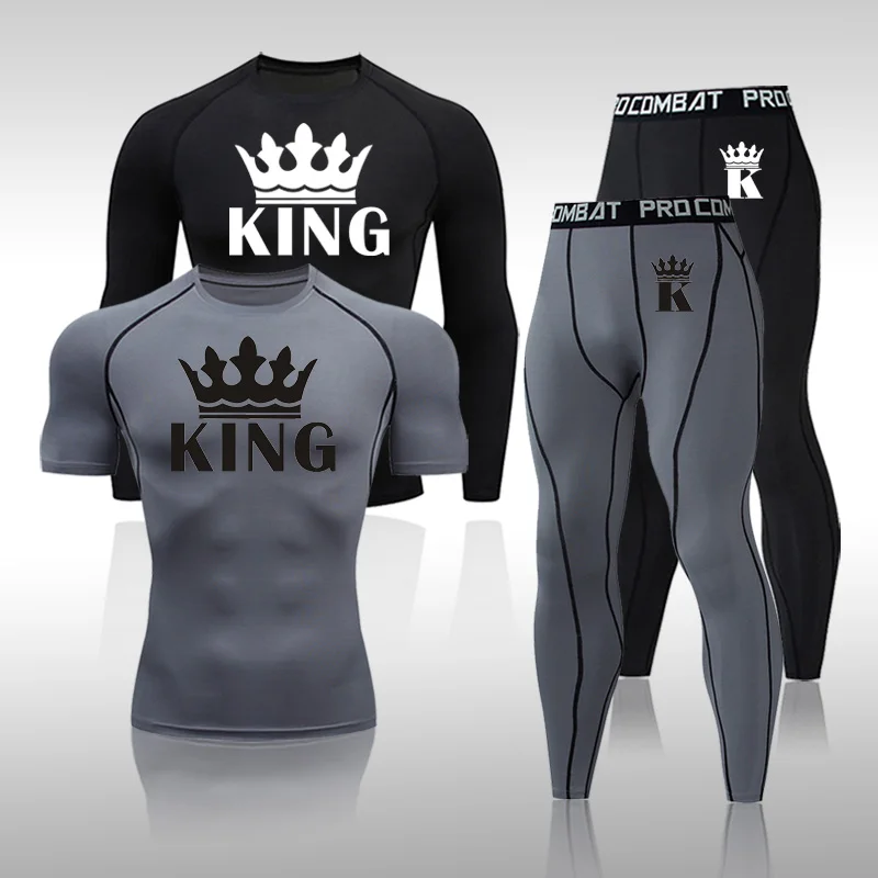 

Summer Short Sport Men's Outfit Gym T-Shirt Crew Neck Top Grey Workout Clothing Compression Tights Quick Dry Jogging Outfit 4XL