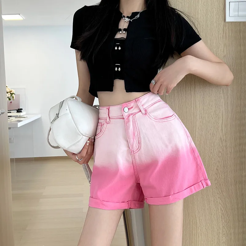 

2022 Summer Women's High Waist Gradient All-match Korean Style Leisure Denim Shorts Green Blue Pink