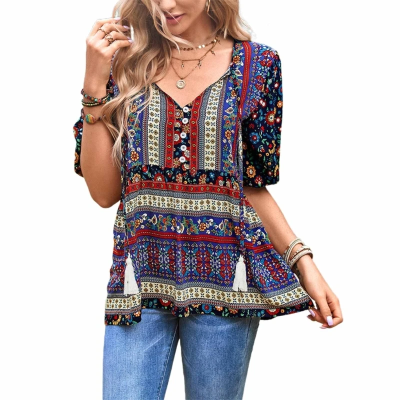 

Elegant Floral Print Blouses with Lantern Sleeves for Women's Office Wear V Neck Casual Shirts 517D