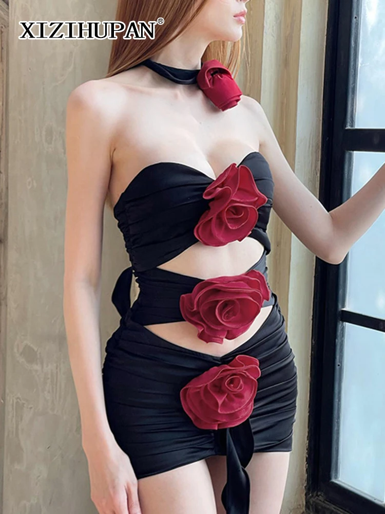 

XIZIHUPAN Sexy Spliced Applique Bodycon Dresses For Women Strapless Sleeveless High Waist Patchwork Hollow Out Mini Dress Female