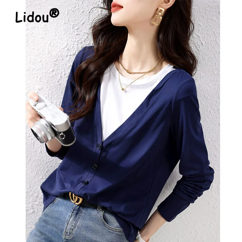 

Color Matching Patchwork Fake Two Pieces Blouse Women New Classic Long Sleeve O-collar All-match Office Lady Chiffon Shirt