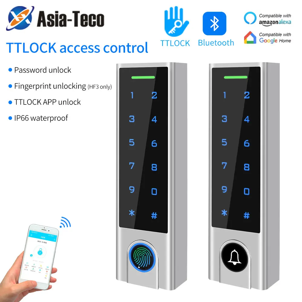 Zine-Alloy IP66 Waterproof Smart TTLock App  Bluetooth Fingerprint or Bell Access Control Keypad Opener Reader Door Lock System