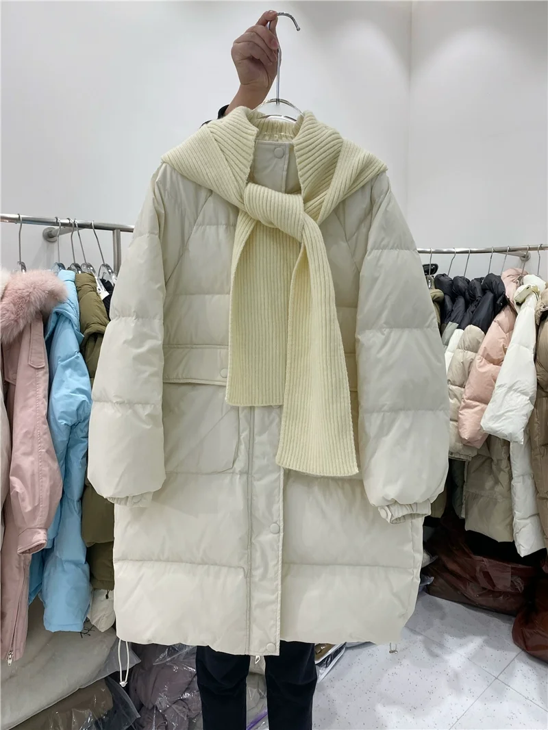 New Women's Long Fake Two Piece Down Jacket Coat, Detachable Knitting Hooded Large Loose White Duck Down Winter Women's Jacket