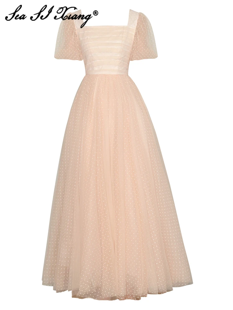 

Seasixiang Fashion Designer Summer Long Mesh Dress Women Folds Square Collar Backless Puff Sleeve High Waist Party Dot Dresses