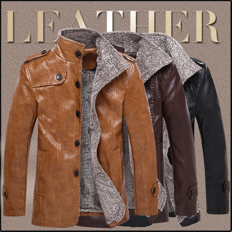 

Winter Warm Faux Leather Jacket Men Solid M-8XL Long Sleeve PU Leather Coat Stand Collar Thick Slim Fit Men Jacket Trench Coats