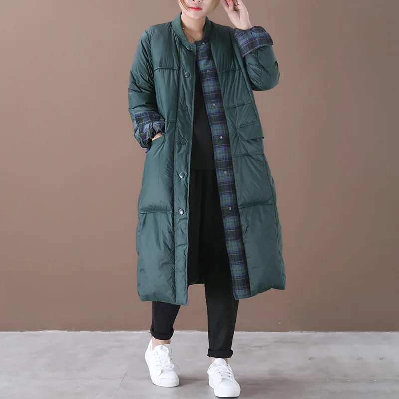 Women Autumn Winter Loose Down Jacket Plaid Panel Medium Length Lightweight Coat
