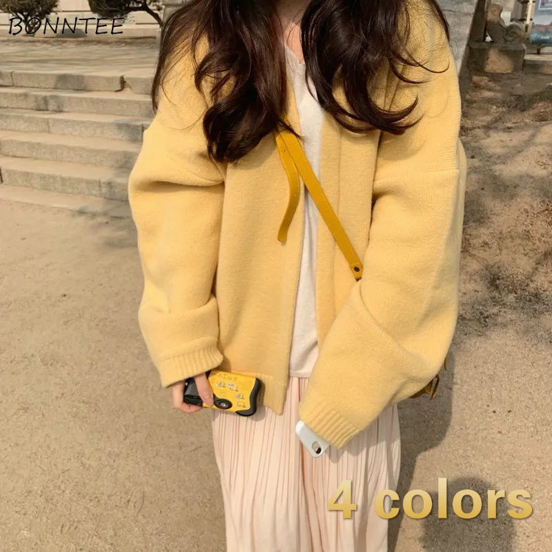 

Cardigan Sweaters Women Open Stitch Loose Solid College Autumn Clothes Lady Pure Stylish Knitting Temperament All-match Ulzzang