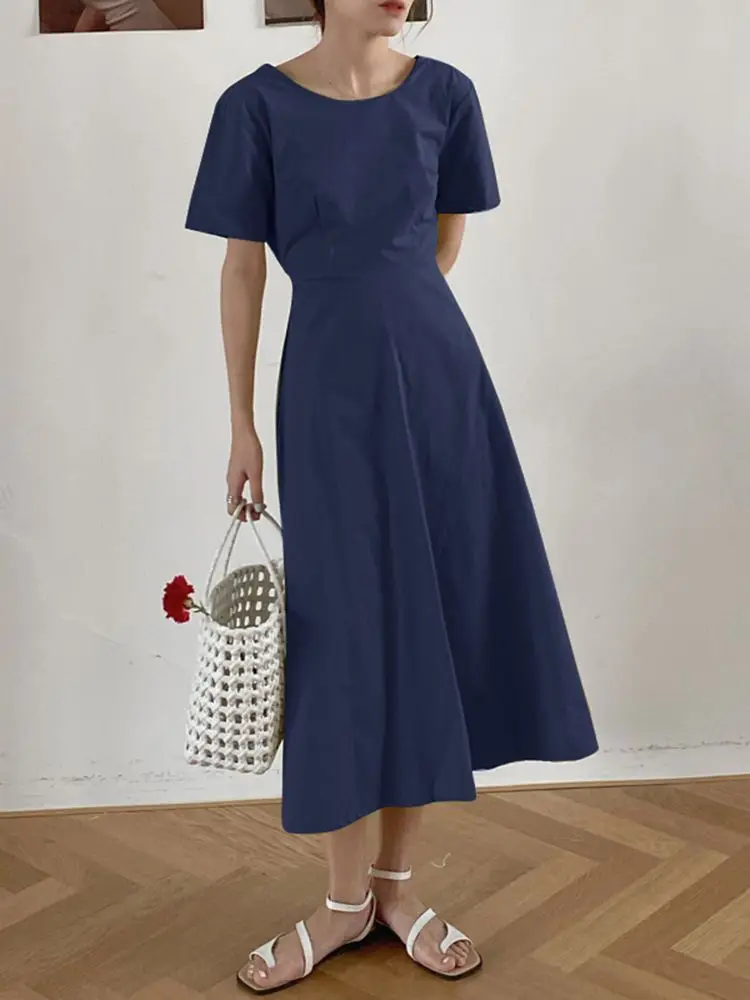 

ZANZEA Short Sleeve O-Neck Drawstring Ladies Sundress Korean Casual Elegant Holiday Dreses Women Summer Solid Backless Dress