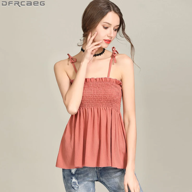 

Off Shoulder Crop Top Women Summer Pleated Strapless Halter Tank Tops Ruffles Big Swing Camisole Femme Elastic Stretch Blouses