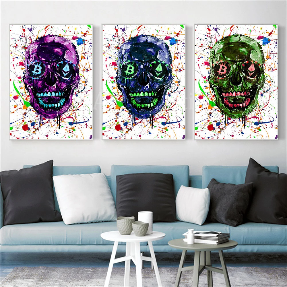 

Graffiti Skull Watercolor Poster Black And White Bitcoin Ethereum Canvas Painting And Print Abstract Wall Art Picture Home Decor