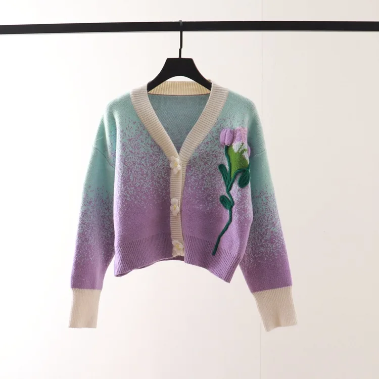 

Женский кардиган с цветочной аппликацией, фиолетовый свитер с длинными рукавами и V-образным вырезом, Осень-зима