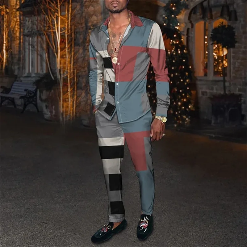 2022 autumn leisure plaid two-piece men's long sleeve lapel shirt suit pants suit fashion men's new suit men's walking suit