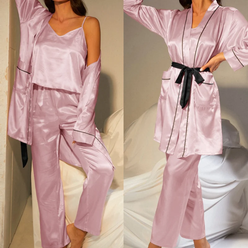 

Satin Sleepwear V-Neck 3PCS Sleep Set Robe&Sling&Pants Suit Summer Home Clothes Sexy Pyjamas Pour Femme Nightgown Loungewear