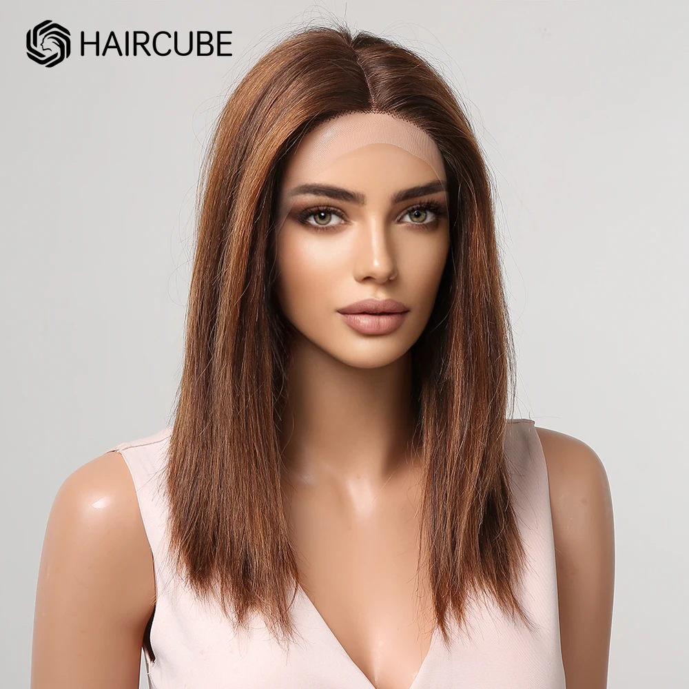 Mixed Ginger Brown Golden Highlight Human Hair Lace Front Wig Shoulder Length Middle Part Straight Bob Wigs for Women HAIRCUBE