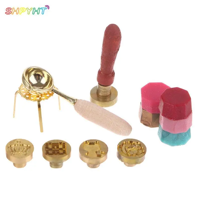 

1Set 1:12 Dollhouse Miniature Wax Seal Tool Lacquer Spoon Handle Wax Pellets Envelope Model Kids Pretend Play Toy