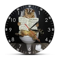 adorable cat reading newspaper on toilet silent non ticking wall clock for toddler bathroom whimsy animal art decorative watch