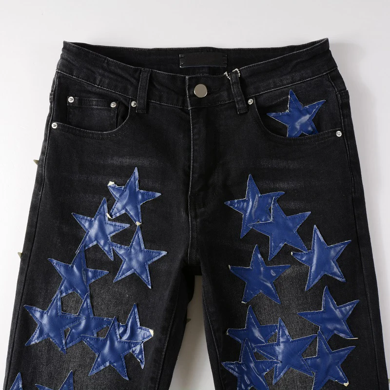 Men's Black Distressed Streetwear Blue Leather Stars Patches Slim Stretch Skinny High Street Fashion Style Ripped Jeans