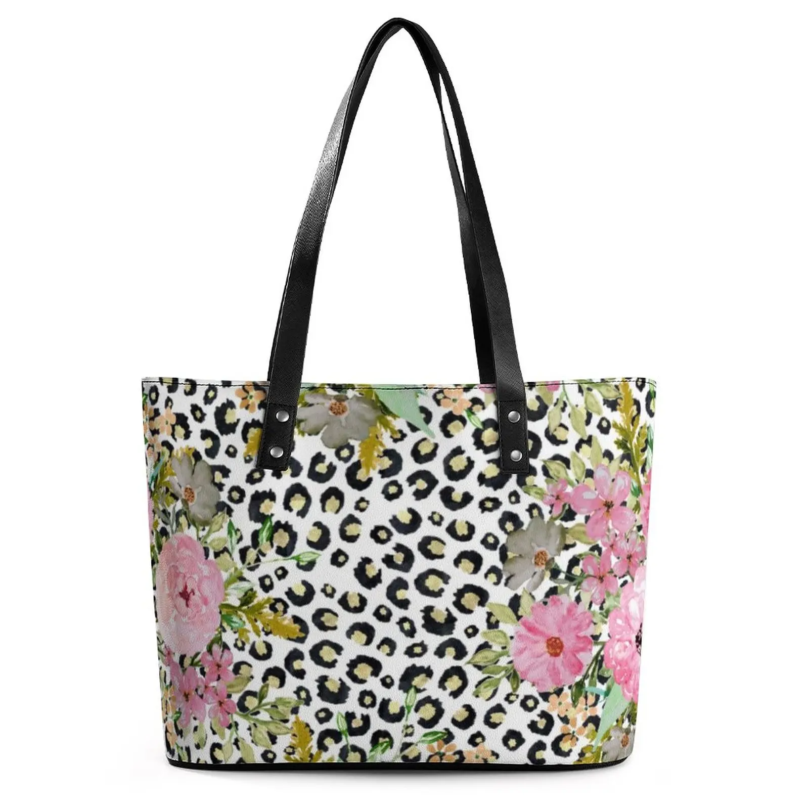 

Elegant Leopard Print Handbags Pink Floral Design Beach Tote Bag Female Retro Shoulder Bag Designer Belt PU Leather Hand Bags