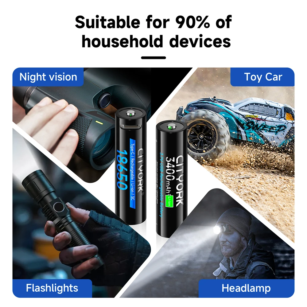 18650 Тип C Зарядка 3400 мАч Литий-ионный аккумулятор для фонарика игрушечный