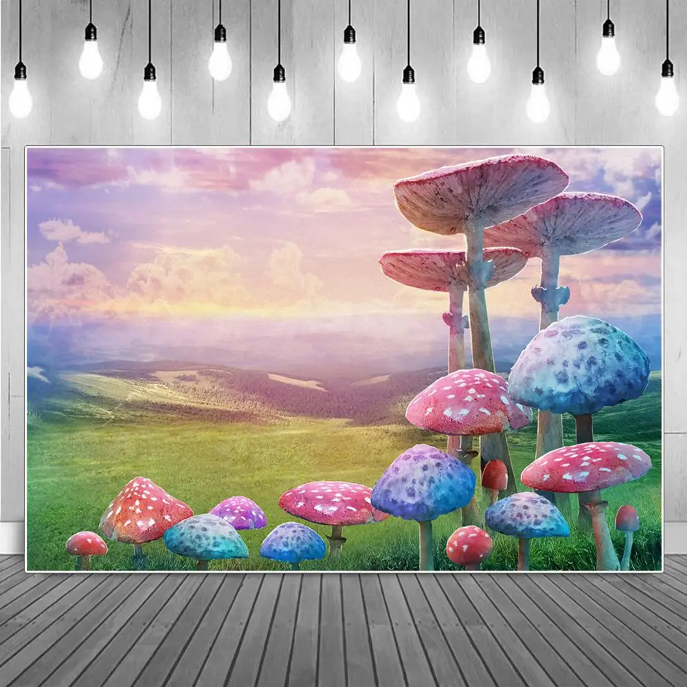 

Mushroom Green Grassland Wonderland Photography Backgrounds Baby Clouds Sky Forest Home Party Decoration Photocall Backdrops