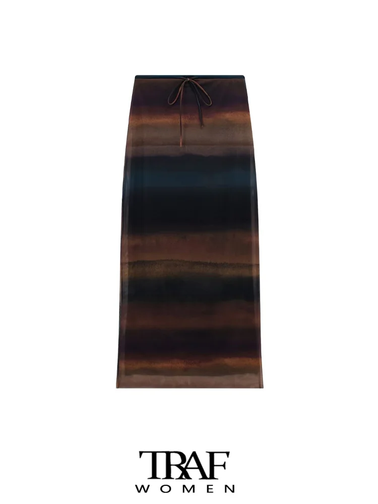 

TRAF Women Fashion With Lining Printed Tulle Midi Skirt Vintage High Elastic Waist Drawstring Female Skirts Mujer