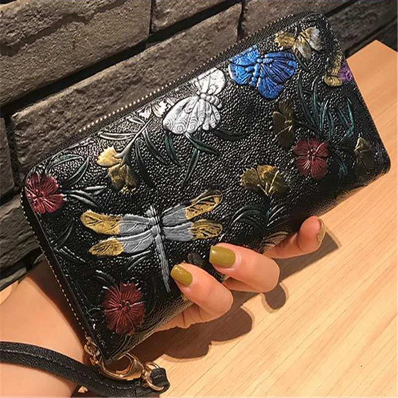 

Women Long Wallet Genuine Leather 3D Embossing Rose Dragonfly Butterfly Clutch Women Bag Large Capability Zipper Luxury Hangbags
