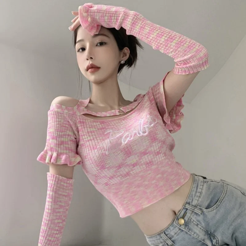 

Pink Sweet Spice Short Sleeve T-Shirt Women Summer Short Embroidered Halter Sleeve Clavicle Sexy Slim Hollow Tops