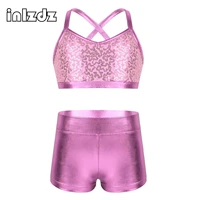 kids girls shiny sequin dance outfits sleeveless ballet gymnastics leotard crop top and shorts tankini set for stage performance