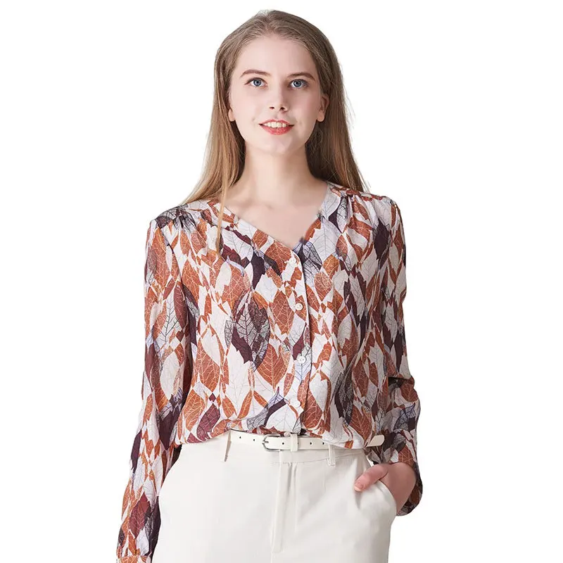 New 2022 Spring 100% Silk Blouse Top Women Natural Fiber High Quality Print Long Sleeve Pure Silk Shirt Lady Summer Clothing